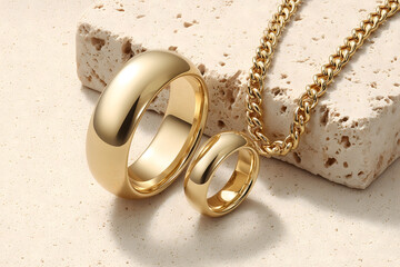Elegant gold rings and chain necklace displayed on textured surface, showcasing their shiny finish and modern design