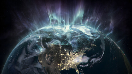 Planet Earth illuminated by auroras, showcasing vibrant colors and swirling clouds, evokes sense of wonder and beauty in universe