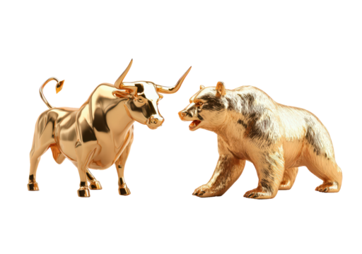 Golden bull and bear sculpture representing stock market concepts on transparent background