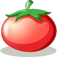 A Glossy Red Tomato with a Green Stem and Leaves on a Transparent Background with Subtle Shadow