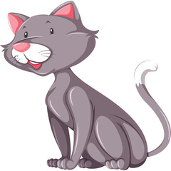A Gray Cartoon Cat Sits Facing Left on a Transparent Background with a White Tipped Tail and Pink Ears and Nostrils