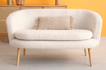 White sofa in interior of living room, closeup