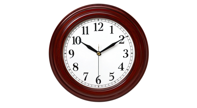 A classic wall clock with a dark wooden frame and white face