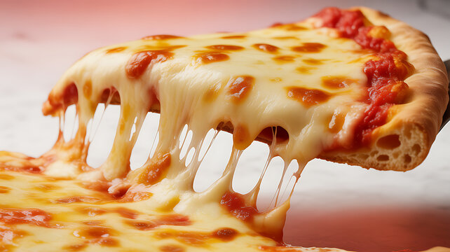 A slice of cheesy pizza being lifted, showcasing melted cheese stretching from the main pie