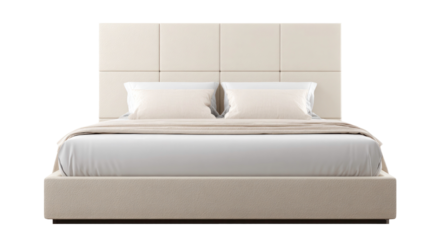 Elegant upholstered bed with neutral tones and a modern design aesthetic