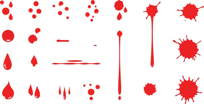 An array of red blood splatter illustrations of various sizes  shapes on white background