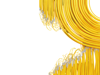 Curving yellow fiber optic cables against a black background