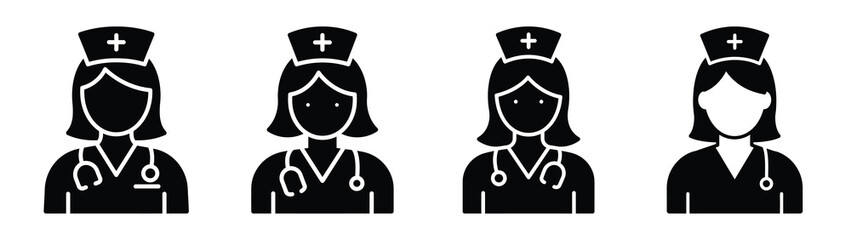 nurse minimal flat icon set, black color and white background