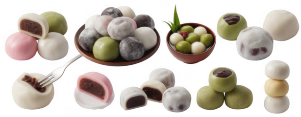 Colorful mochi assortment with red bean filling isolated on a transparent background
