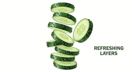 A stack of sliced cucumbers with the text refreshing layers on a white background