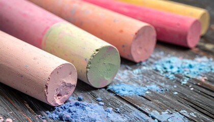 Close up of colorful chalk sticks on a wooden surface with blue chalk dust scattered around.