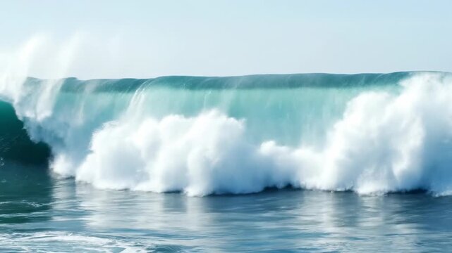 A powerful ocean wave cresting and breaking in mesmerizing slow motion spray, slow motion, raw