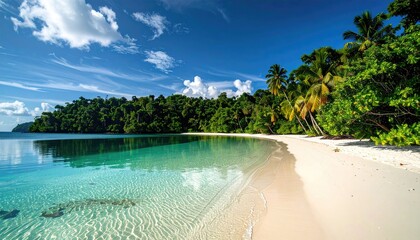 Two palm trees lean over a serene tropical beach at sunset silhouetted against a vibrant orange and pink sky with clear turquoise water lapping the shore