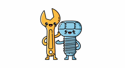 Adorable cartoon wrench and bolt, best friends forever in fun kawaii style art - a delightful and playful building concept with charming personalities