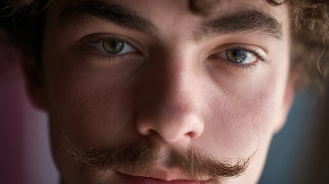 Mustache depilation process shown on a young man with curly hair in a bright room during the daytime