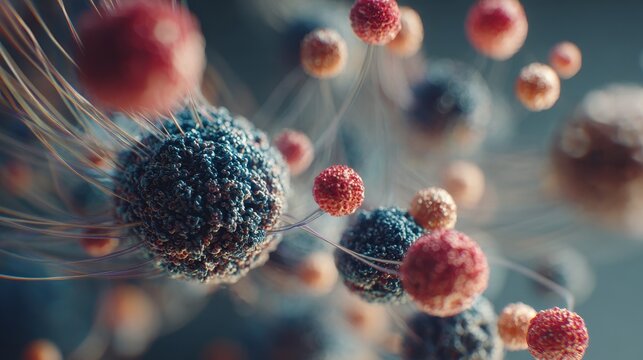 Colorful microscopic view of cells and microorganisms in a dynamic scientific setting