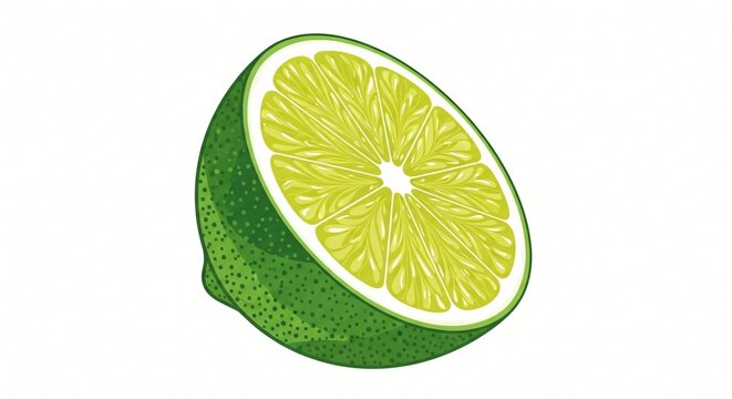A vibrant, juicy lime cut in half, revealing its bright green, segmented flesh and tangy citrus pulp, isolated on a clean white background for versatile use