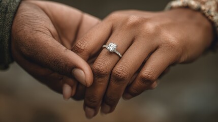 Close up view of a couple holding hands showcasing a sparkling diamond ring in a serene outdoor setting during golden hour