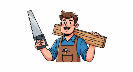 Smiling carpenter ready to build, carrying wood and saw for construction projects or home improvement ventures with a hammer on his apron