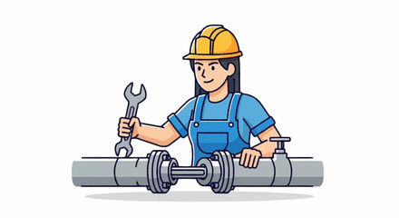 Empowered female plumber confidently repairs pipes with a wrench, showcasing skill and precision in this modern plumbing design project illustration