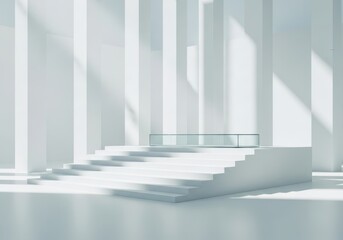 Fototapeta premium Minimalist White Architectural Interior with Grand Staircase and Geometric Light Patterns