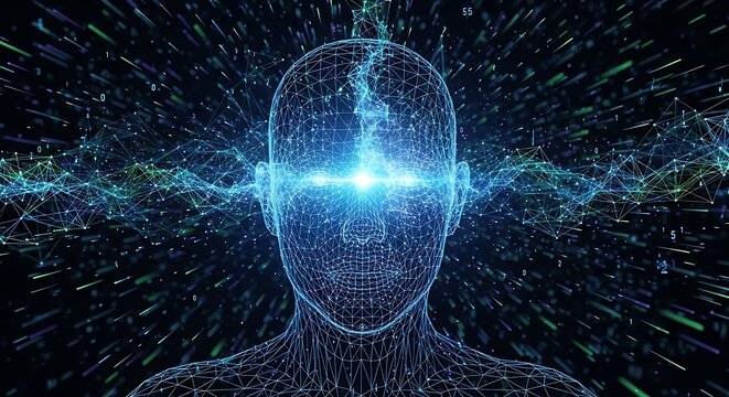 Futuristic Digital Human Avatar with Neural Network Data Visualization - Powered by Adobe