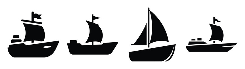 ship minimal flat icon set, black color and white background