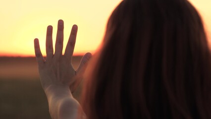 girl woman sun, people faith, man prayer hand helping, prayer help faith, Female silhouette hand greeting the setting sun, Touching the sun dreamlike sunset scene, Emotional farewell to day at dusk