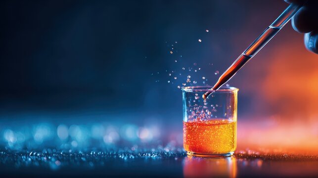 Hand mixing chemicals in a glass beaker during a laboratory experiment in a dimly lit space