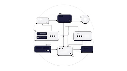 Abstract Flowchart Diagram with Rectangles and Circle in Black and White.
