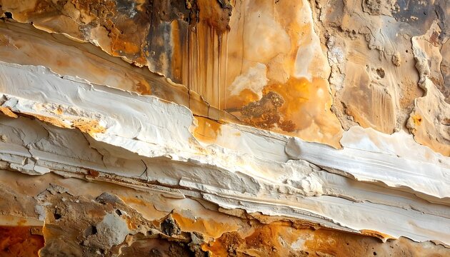Close up of weathered rock layers with earthy tones and textures. - Powered by Adobe