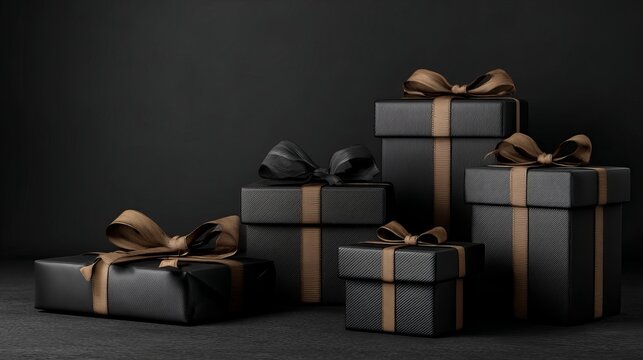 Elegant black gift boxes with brown ribbons for sophisticated celebrations and luxury marketing campaigns