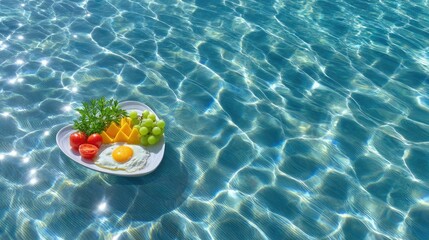 Heart Shaped Plate With Fresh Fruit And Fried Egg Floating On Sparkling Blue Pool Water With Sun Reflections
