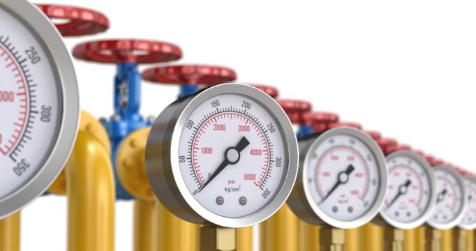 Camera moving along row of  gas pressure gauge meters - 3D animation seamlessly loopable
