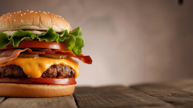 A close-up of a juicy burger with cheese, bacon, lettuce, tomato, and pickles on a wooden surface
