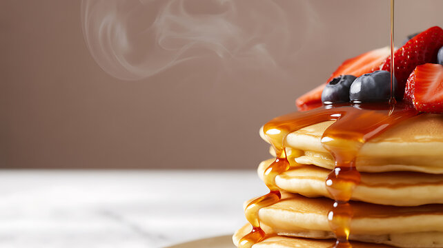 Stack of golden pancakes topped with fresh berries and drizzled with syrup, steam rising