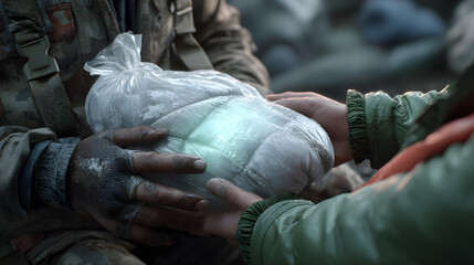 Hands exchanging a package filled with a mysterious glowing substance. The scene evokes a sense of intrigue, potential danger, or valuable discovery.