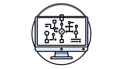 Stylized computer monitor icon showing a detailed data flow diagram with interconnected nodes and arrows.