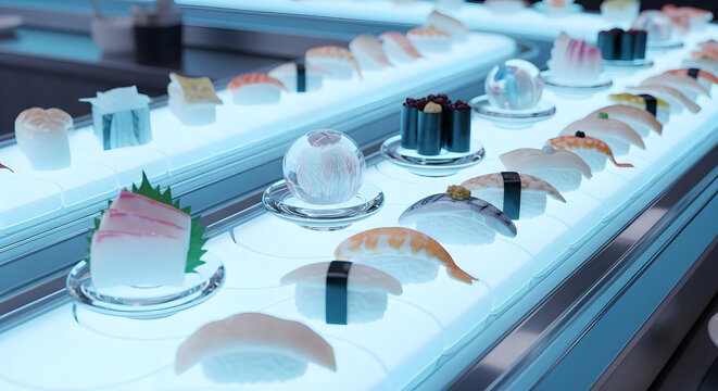 Futuristic display of assorted sushi on illuminated shelves, concept illustration