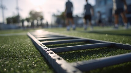 Close up of agility ladder on artificial turf during training session in bright sunlight with athletes in the background focusing on drills and exercises