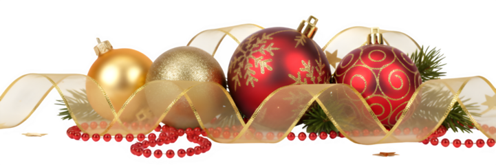 Holiday Ornaments with Gold Ribbon and Red Beads on Light Background