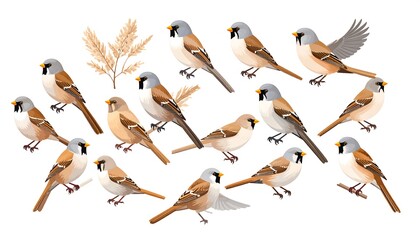 Collection of small brown birds with blue heads and dried grass.