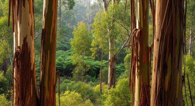 Giant gum trees in a forest with a dense undergrowth.