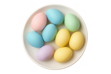 Pastel easter eggs on white plate transparent background