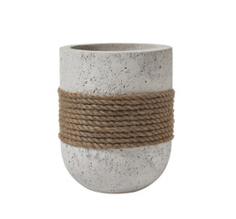 concrete flower pot with rope, isolated on white background.