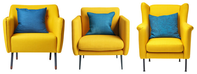 yellow armchairs with blue cushions on white background