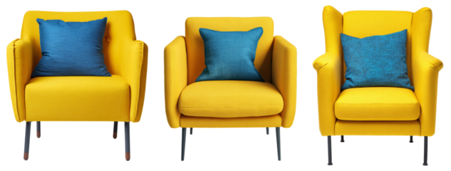 yellow armchairs with blue cushions on white background