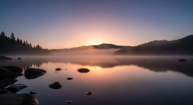 A serene mountain lake at dawn with a colorful sunrise reflecting on the calm water. - Powered by Adobe