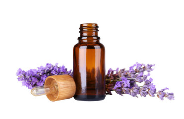lavender essential oil bottle on white background