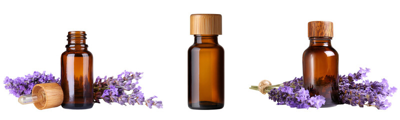 essential oil bottles with lavender on white background.